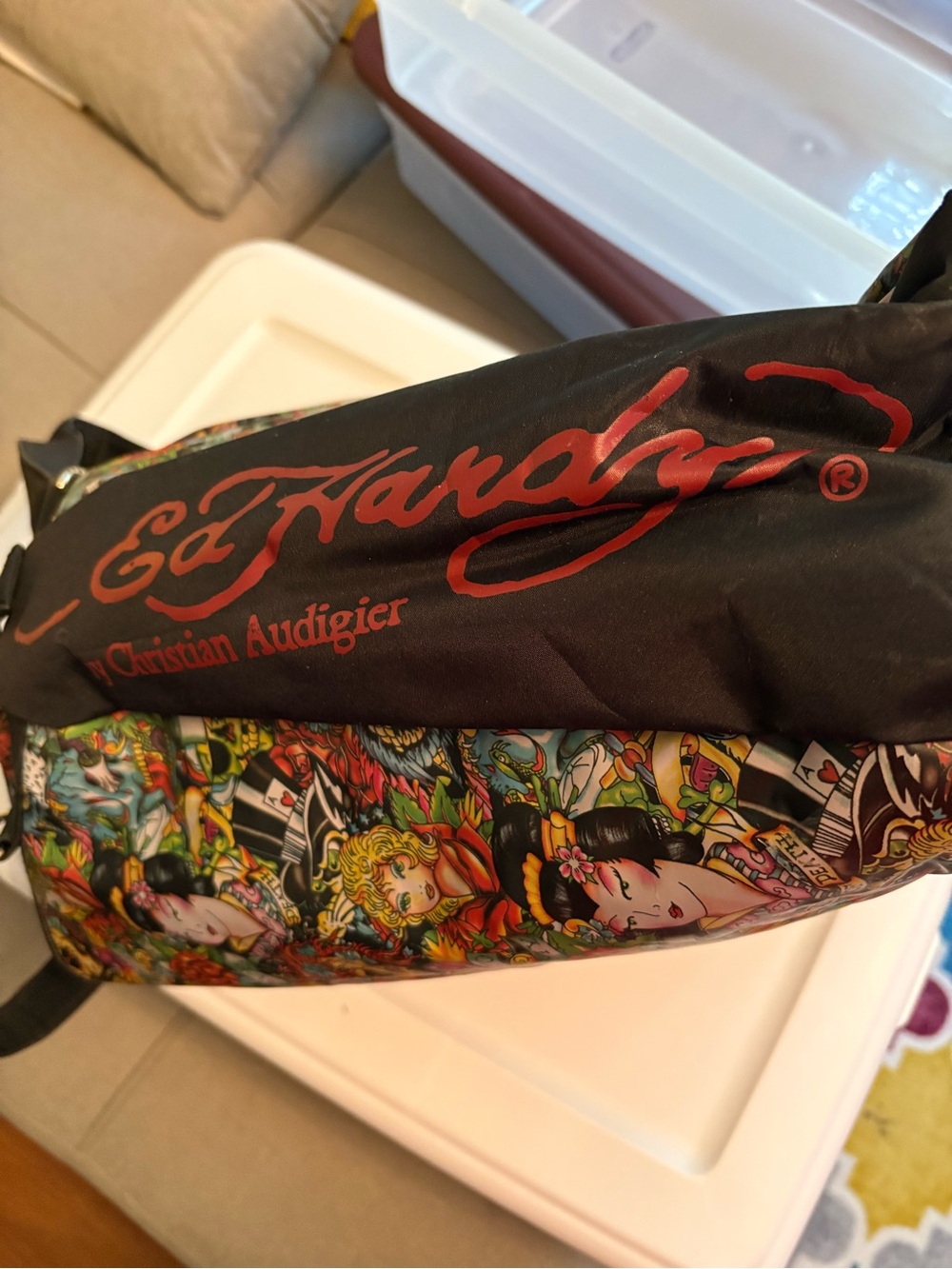 Christian Audigier Multicolor Tattoo-Print Shoulder Bag with Black Top Panel